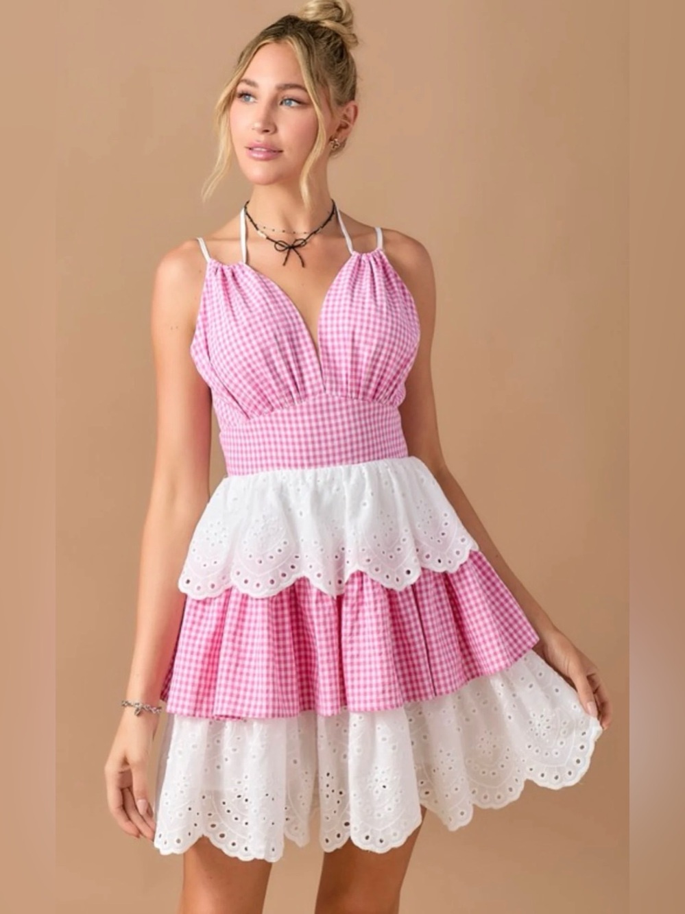 Pink Gingham Tiered Eyelet Mini Dress size Medium # 2012